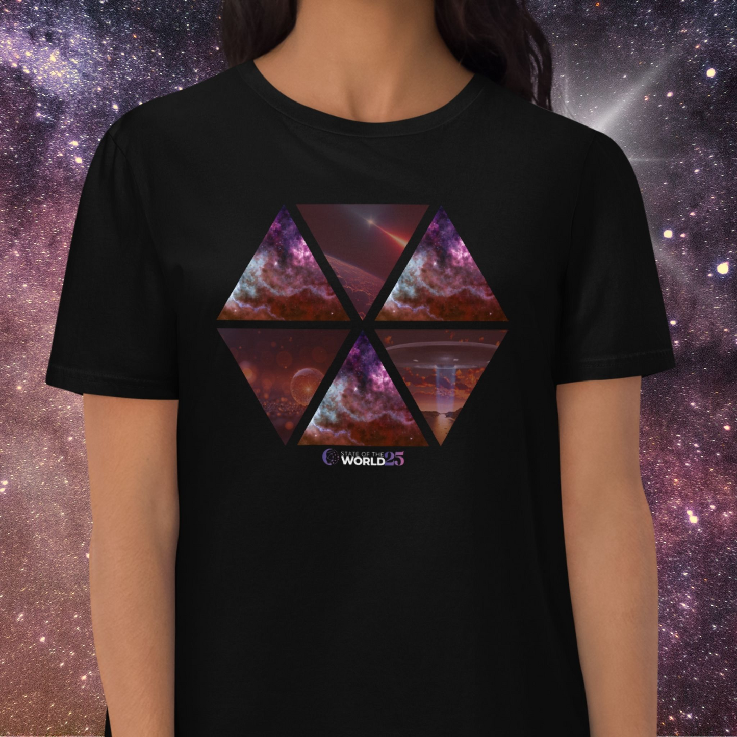 Person wearing black Stellarwear t-shirt with a colorful triangle UFO design against a starry space background