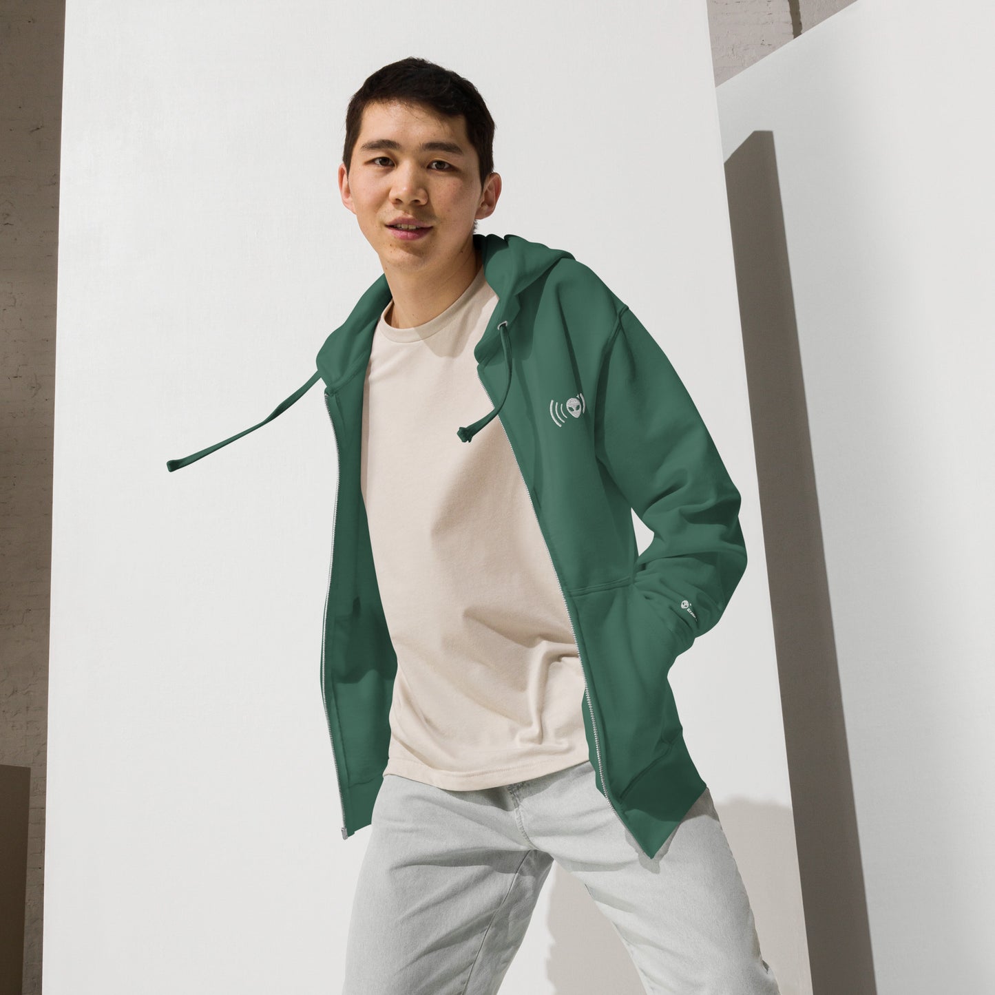 Green Fleece Zip-Up Hoodie with White Alienhead