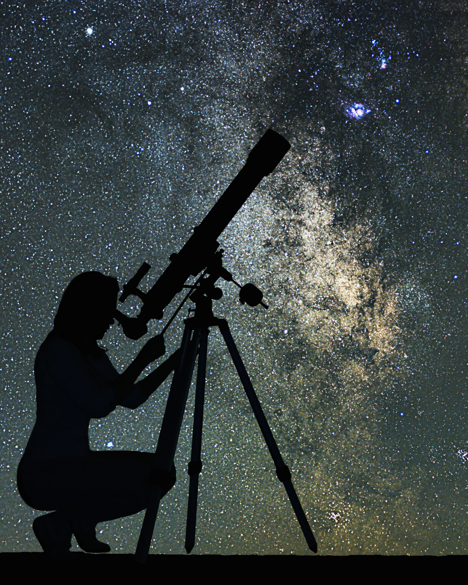 Person using a telescope against a starry night sky