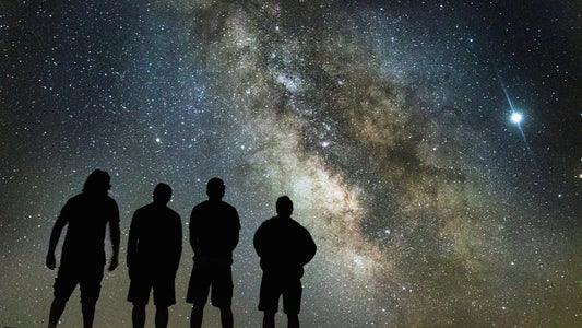 Four people wearing Stellarwear Alienhead shirts standing under a starry sky