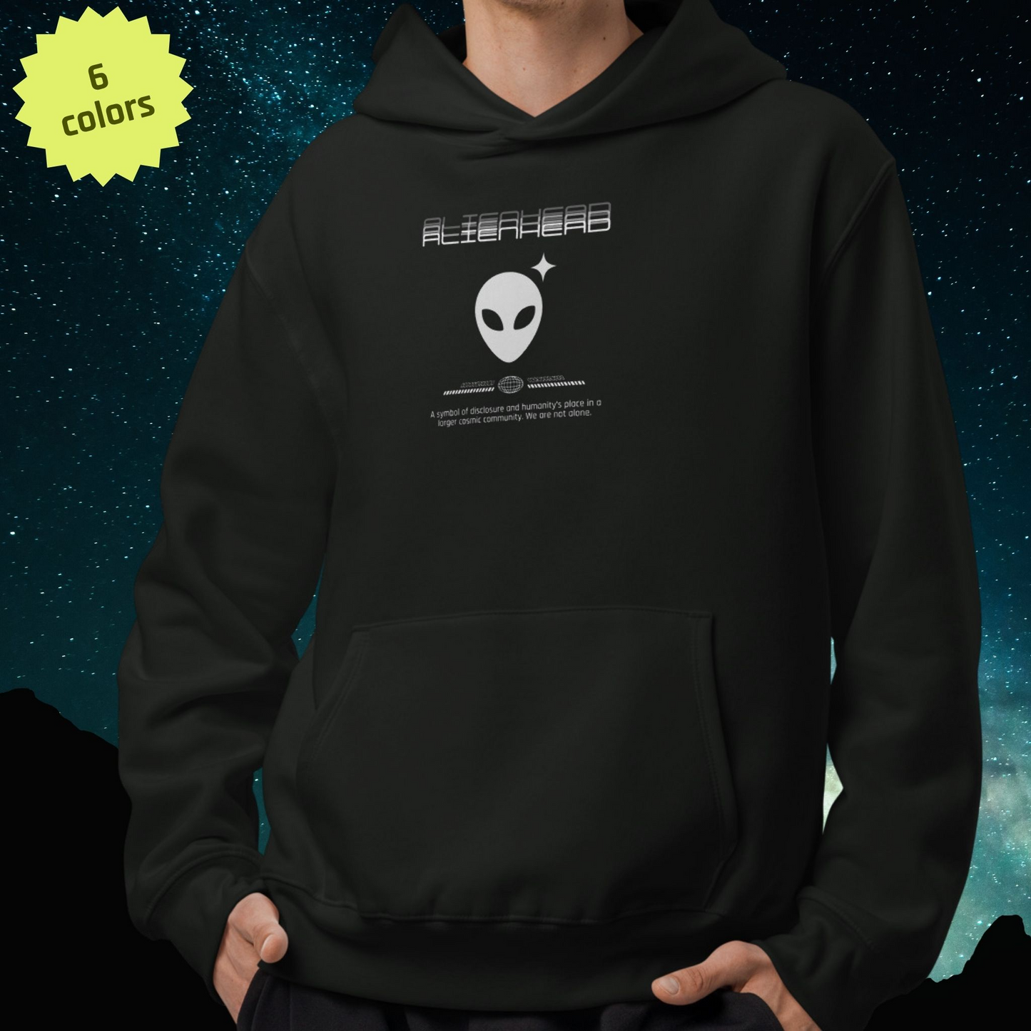 Black Stellarwear hoodie with Alienhead graphic and text on a starry background