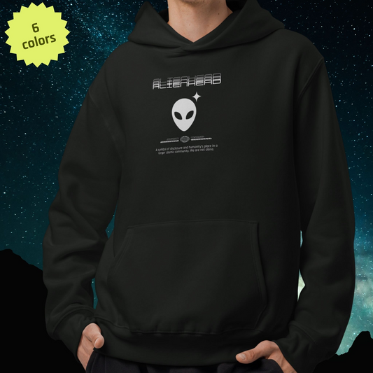 Black Stellarwear hoodie with Alienhead graphic and text on a starry background