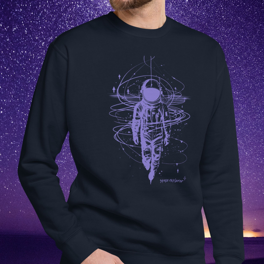 Black Stellarwear sweatshirt with an astronaut design against a purple starry background