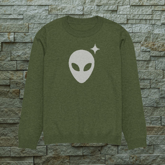 Olive Crewneck Sweater with Gray Alienhead