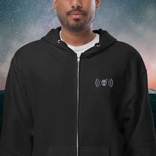 Black Fleece Zip-Up Hoodie with Gray Alienhead Signal