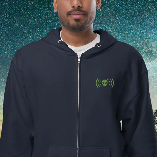Navy Fleece Zip-Up Hoodie with Green Alienhead Signal