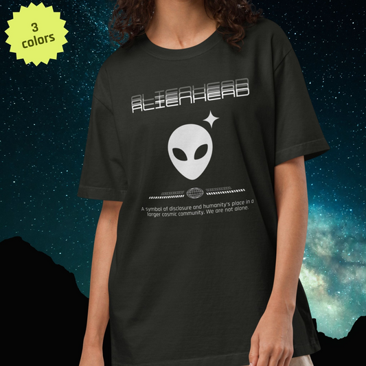 Stellarwear black t-shirt with Alienhead graphic and text against a cosmic background