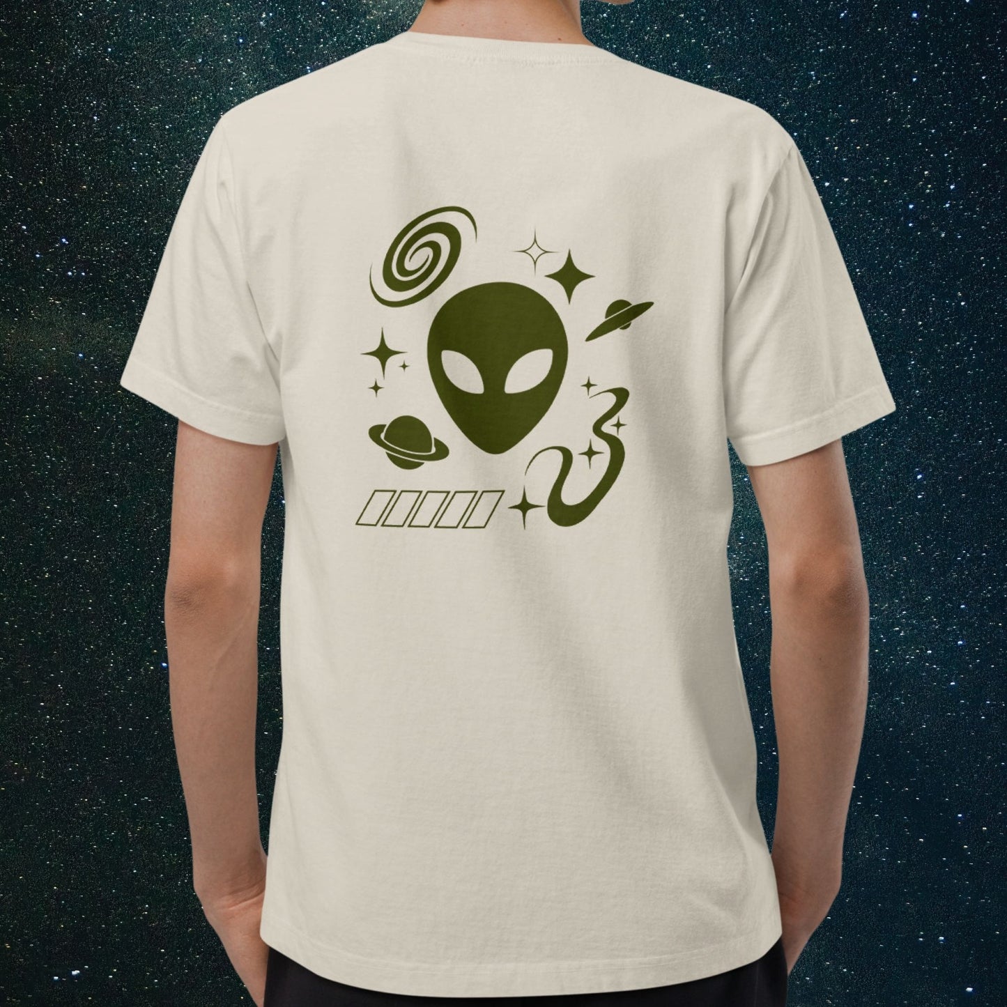 Cosmic Voyager T-Shirt with Olive Green Alienhead