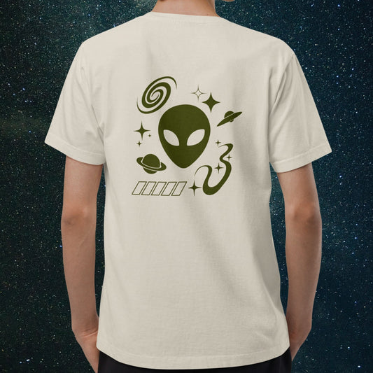 Cosmic Voyager T-Shirt with Olive Green Alienhead