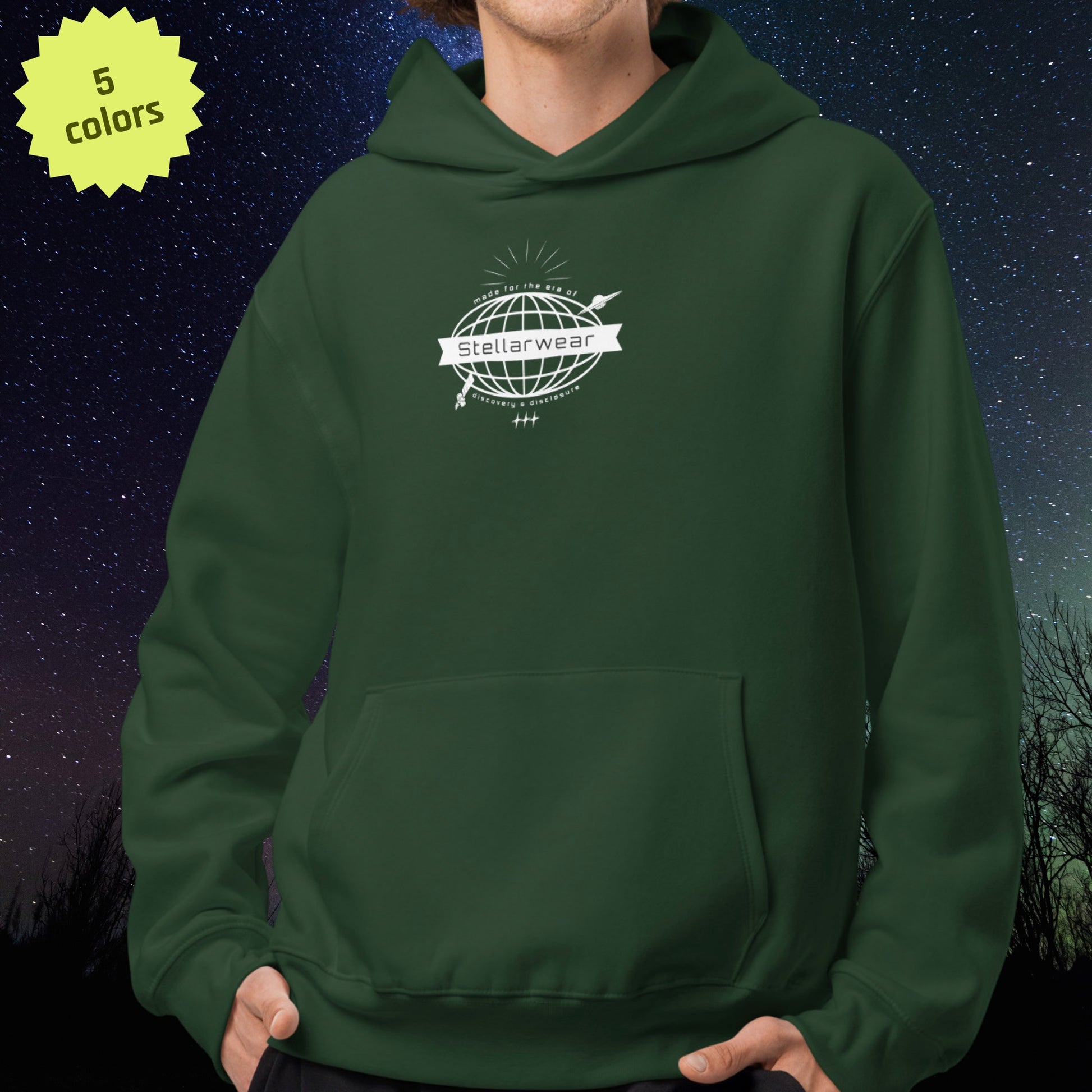 Green Stellarwear hoodie with a UFO logo on a dark background