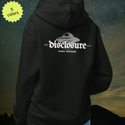Black Stellarwear hoodie with 'disclosure' logo on the back against a night sky background