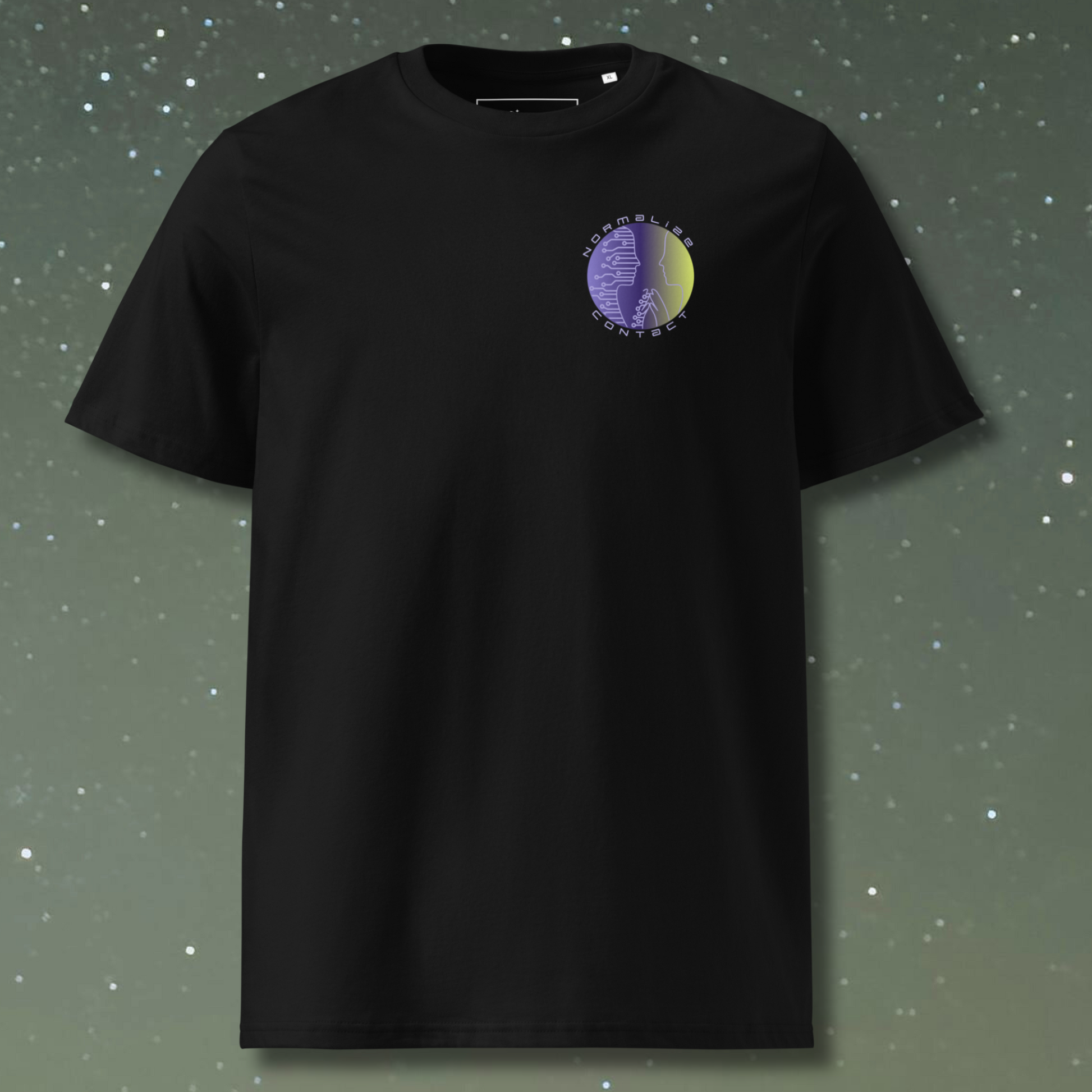 Stellarwear black t-shirt with colorful alien graphic against a starry background