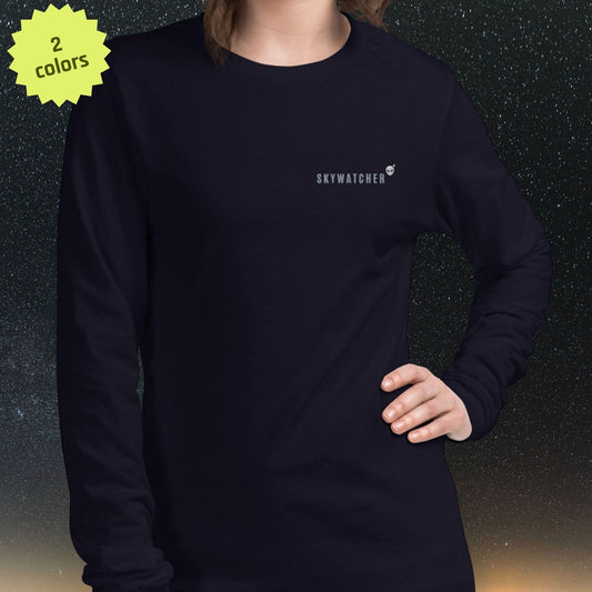 Stellarwear navy long-sleeve shirt with 'SKYWATCHER' logo on a starry background
