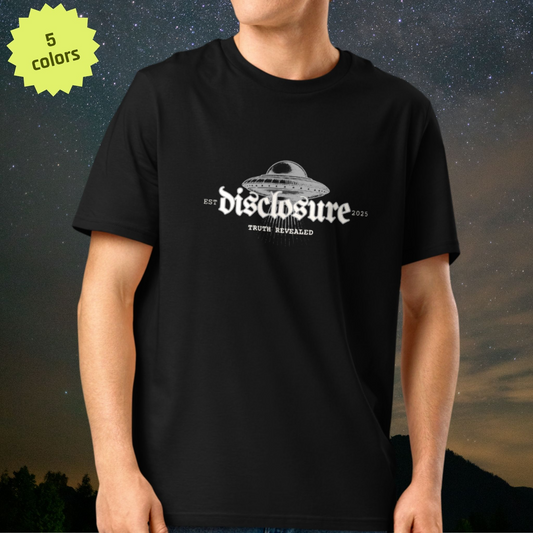 Black Stellarwear t-shirt with 'disclosure' graphic on a person against a night sky background