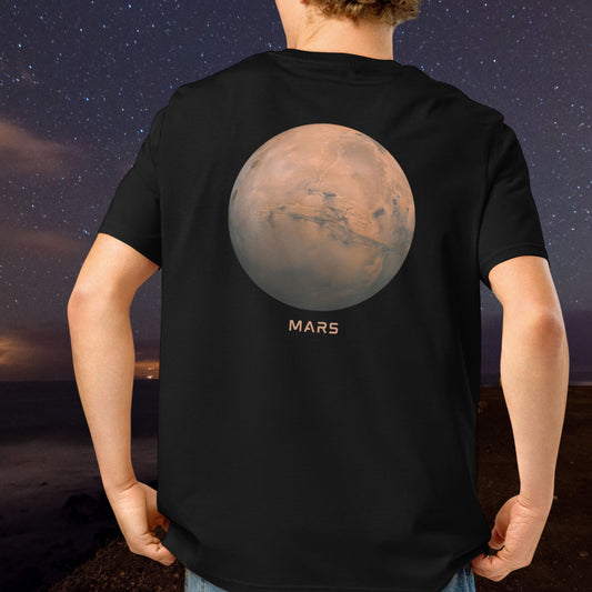 Person wearing a black Stellarwear t-shirt with an image of Mars on the back, set against a starry night sky.