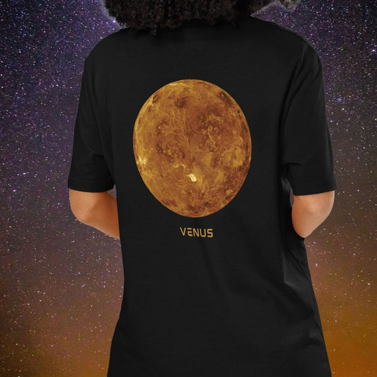 Person wearing a black Stellarwear organic cotton t shirt with a high resolution image of the planet Venus against a starry sky background