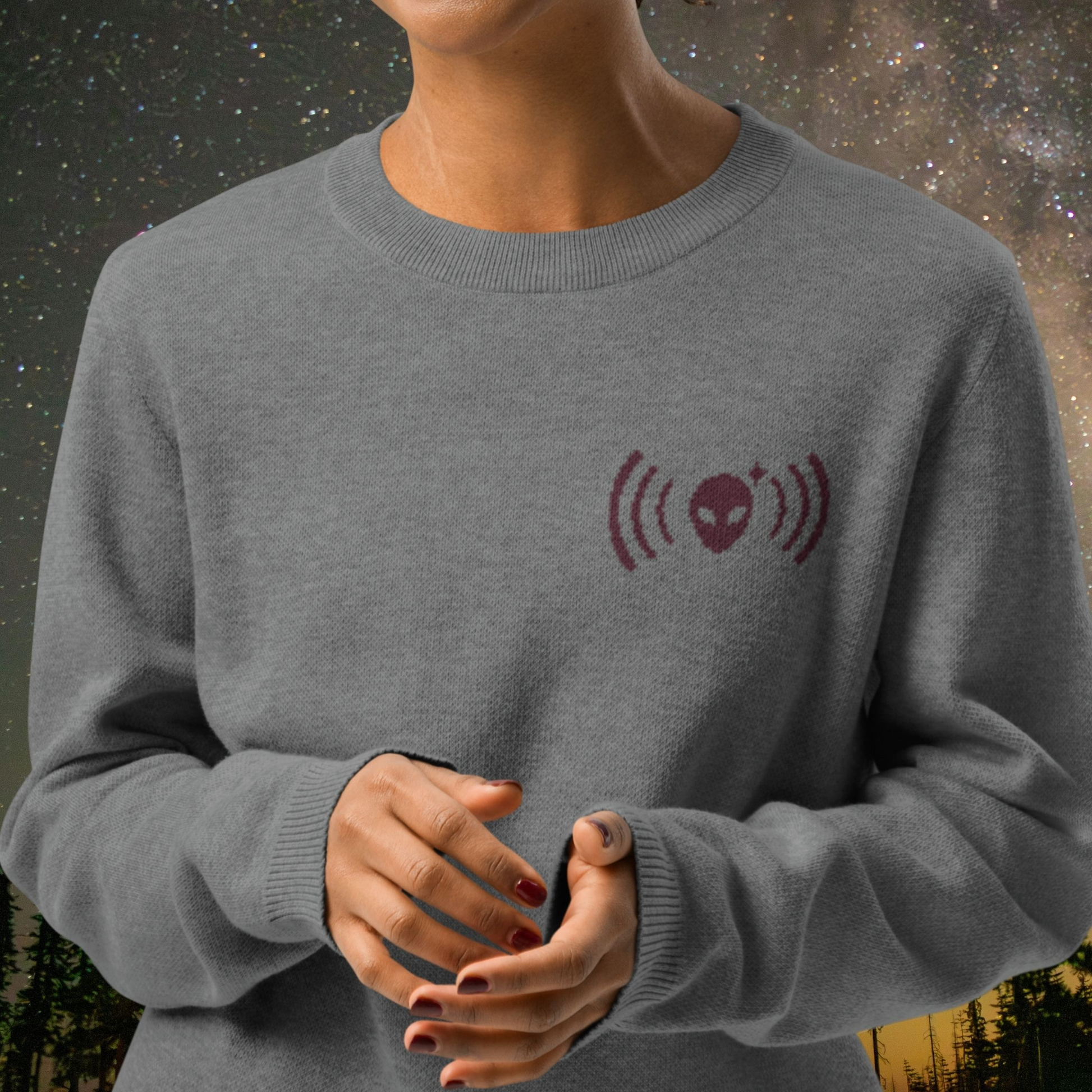 Person wearing a gray Stellarwear sweater with a red alien head and radio waves design against a starry night sky.