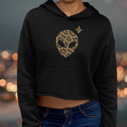Black Cropped Hoodie with Animal Print Alienhead