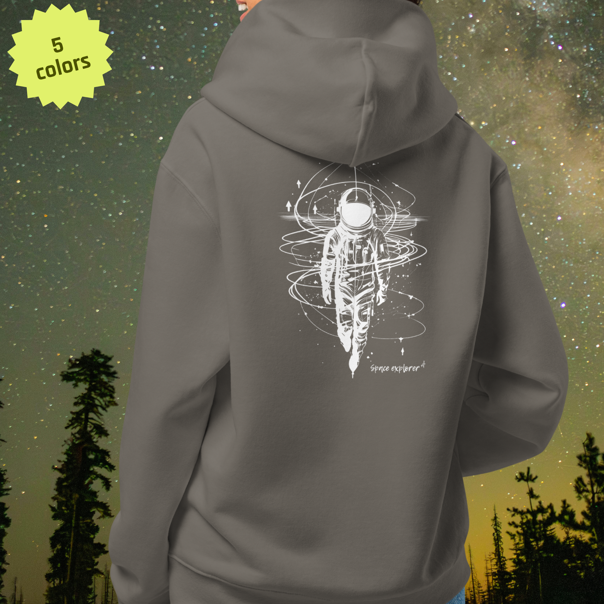 Gray Stellarwear hoodie with an astronaut design on the back, set against a starry night sky.