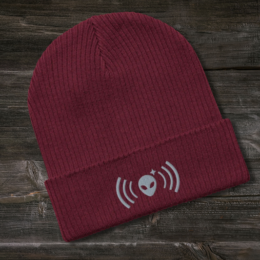 Maroon Stellarwear beanie with alien and radio wave design on a wooden surface