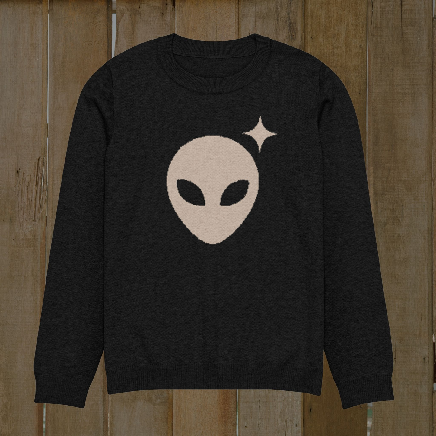 Black Crewneck Sweater with Beige Alienhead