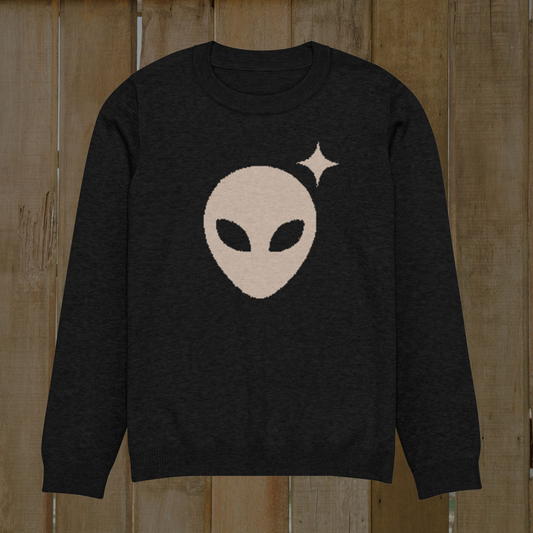 Black Crewneck Sweater with Beige Alienhead