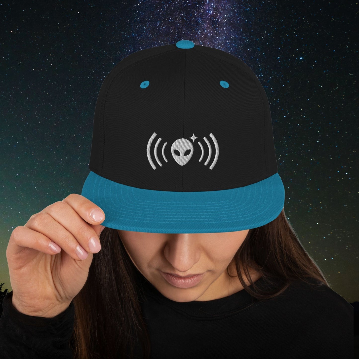Black and Blue Snapback Hat with White Alienhead Signal