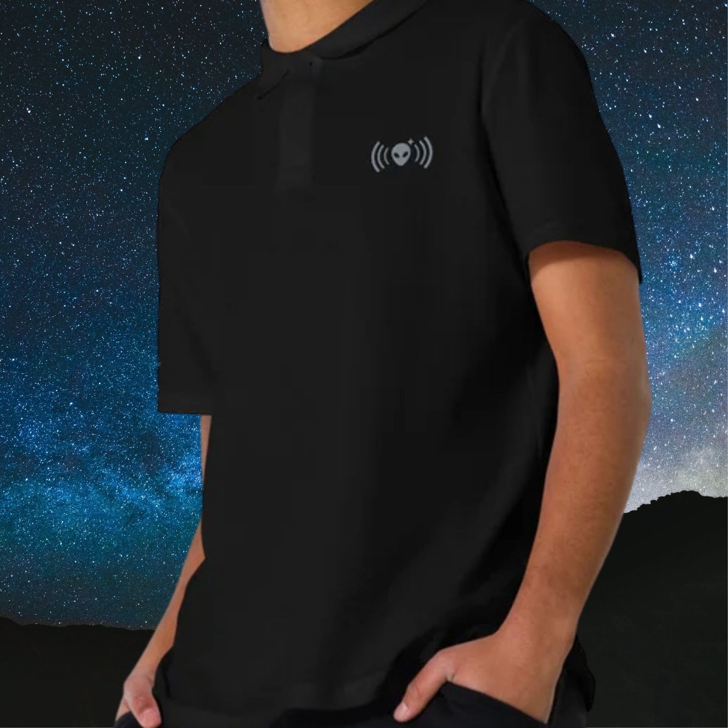 Black Polo Shirt with Gray Alienhead Signal