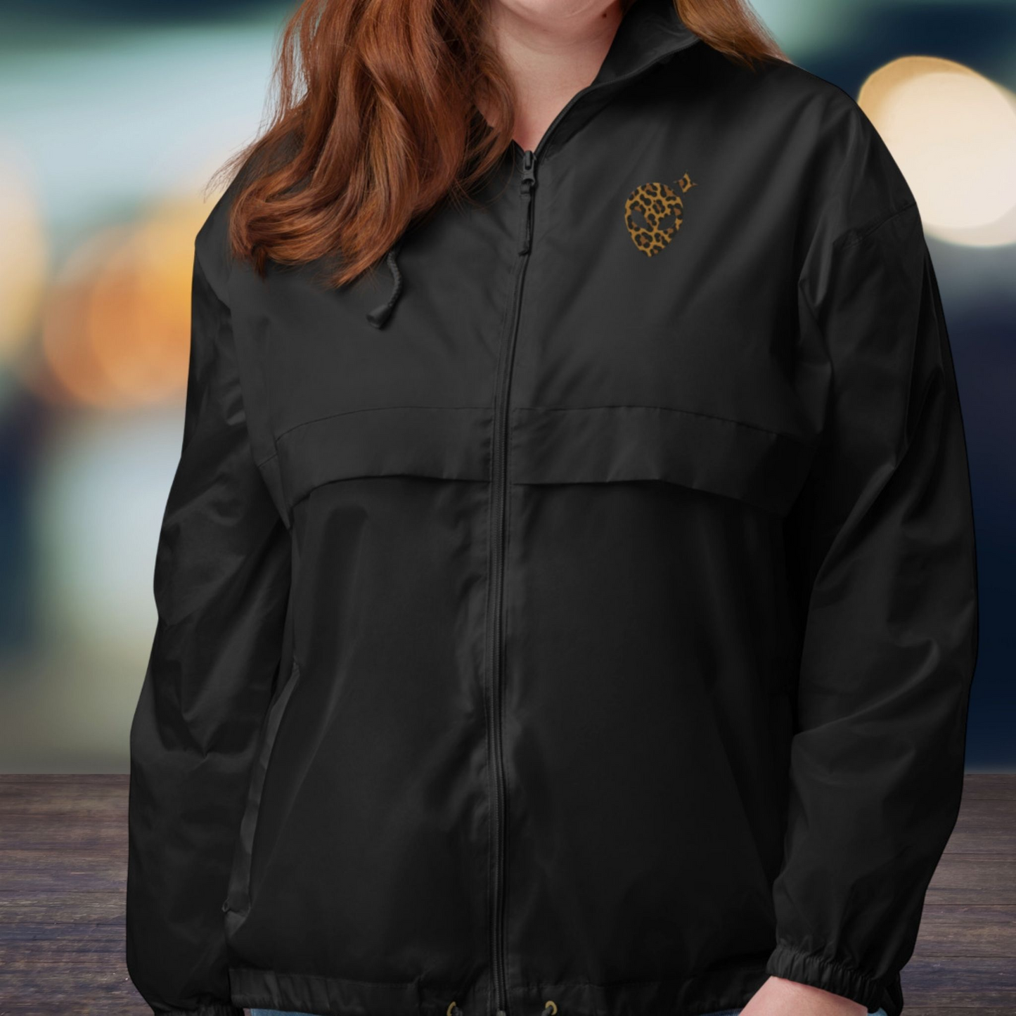 Black Zip-Up Windbreaker with Animal Print Alienhead