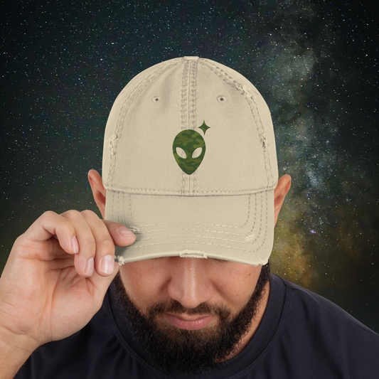 Khaki Distressed Dad Hat with Camo Alienhead
