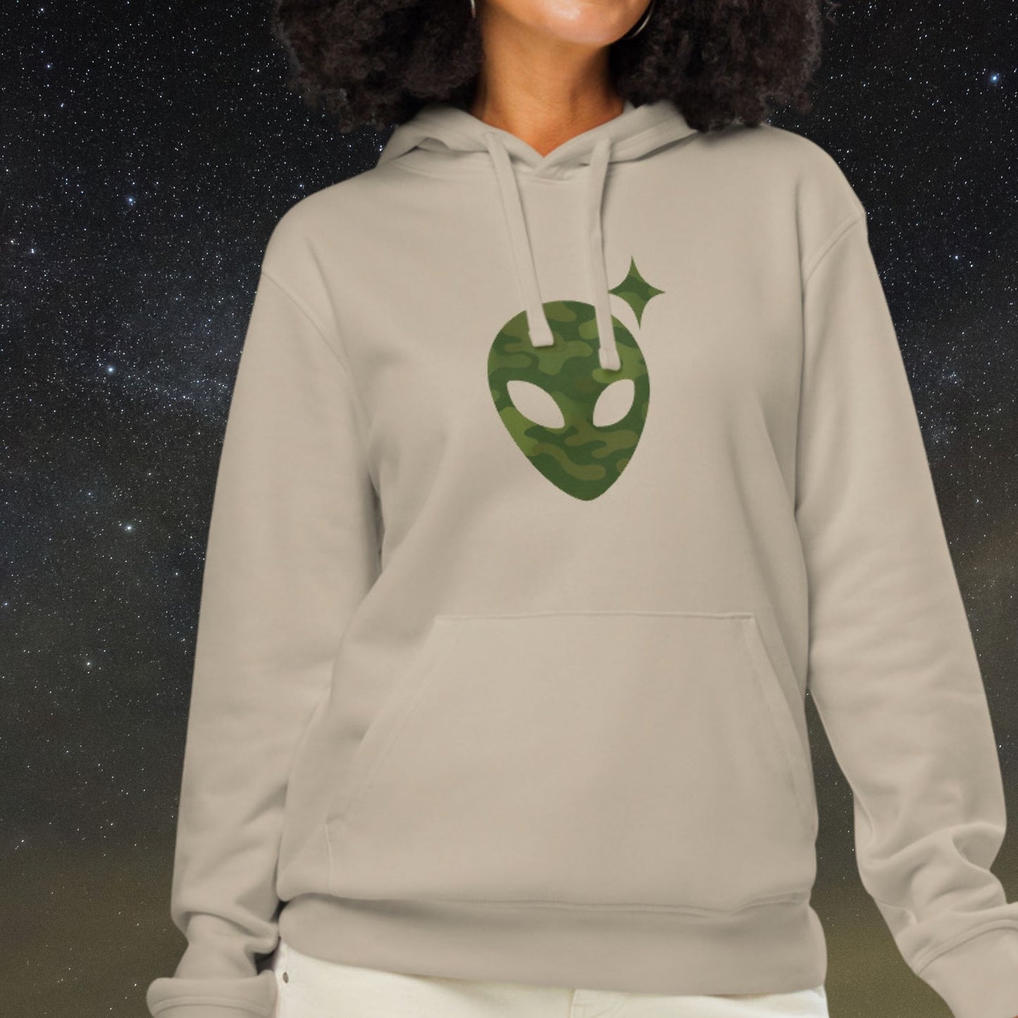 Khaki Hoodie with Camo Alienhead | Organic Cotton