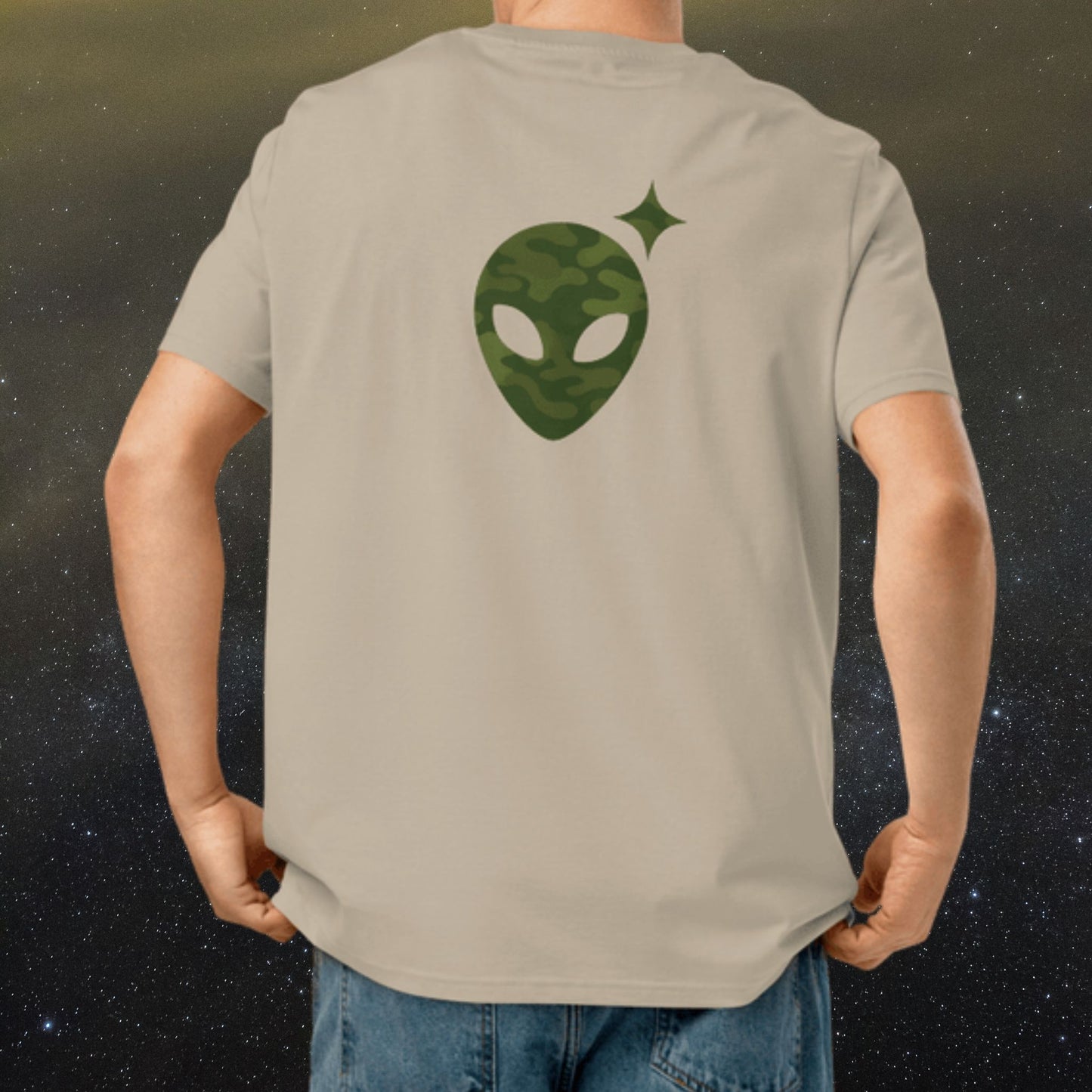 Khaki T-Shirt with Camo Alienhead | Organic Cotton