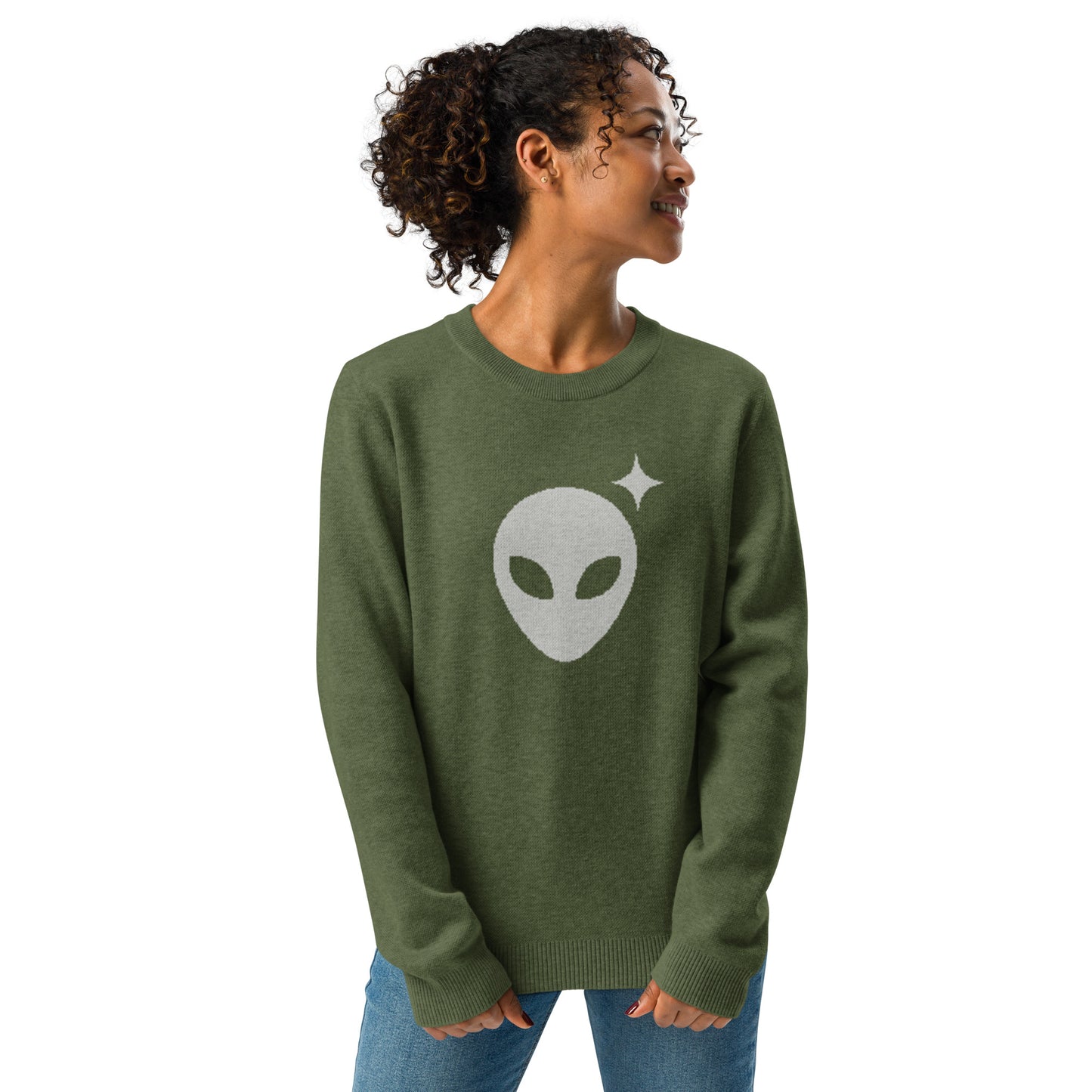 Olive Crewneck Sweater with Gray Alienhead