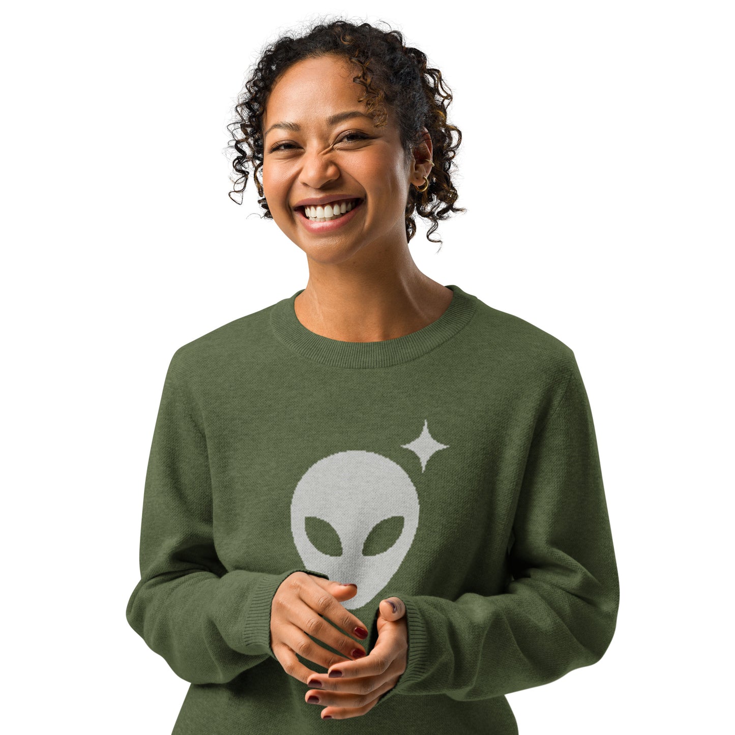 Olive Crewneck Sweater with Gray Alienhead