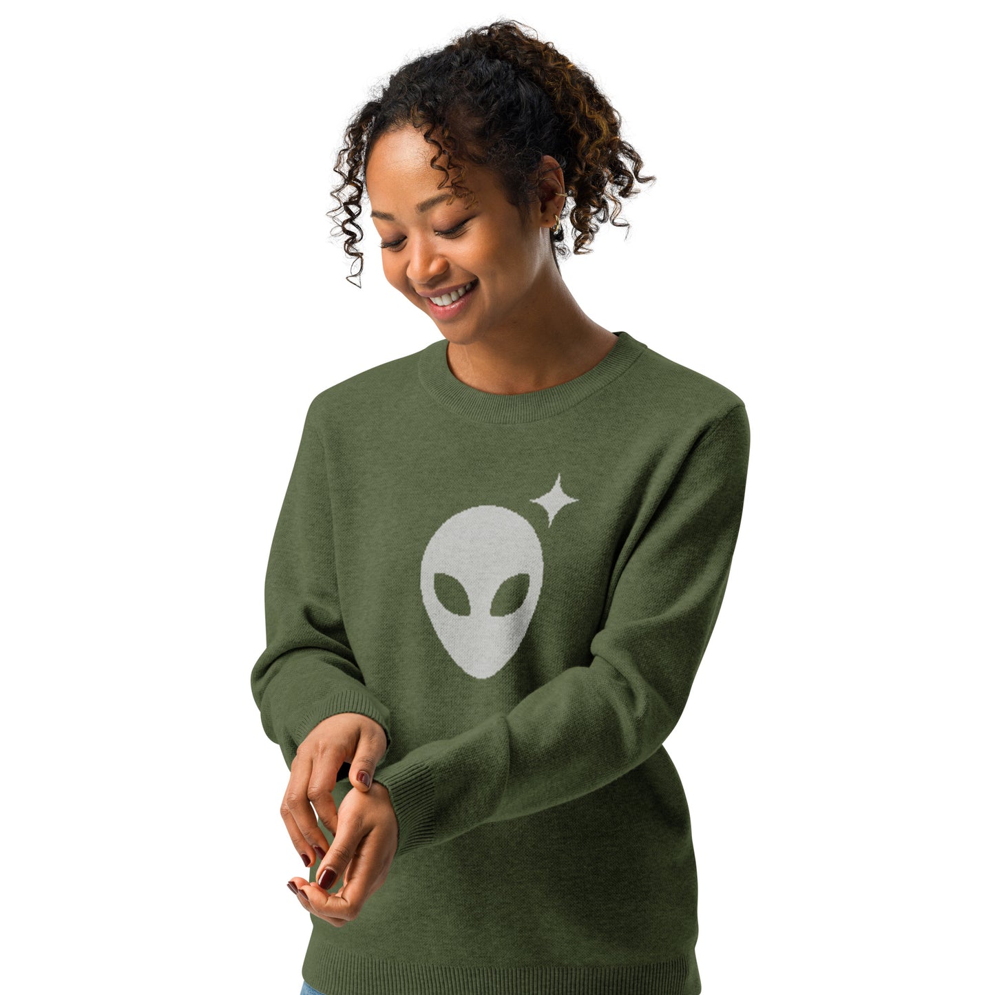 Olive Crewneck Sweater with Gray Alienhead