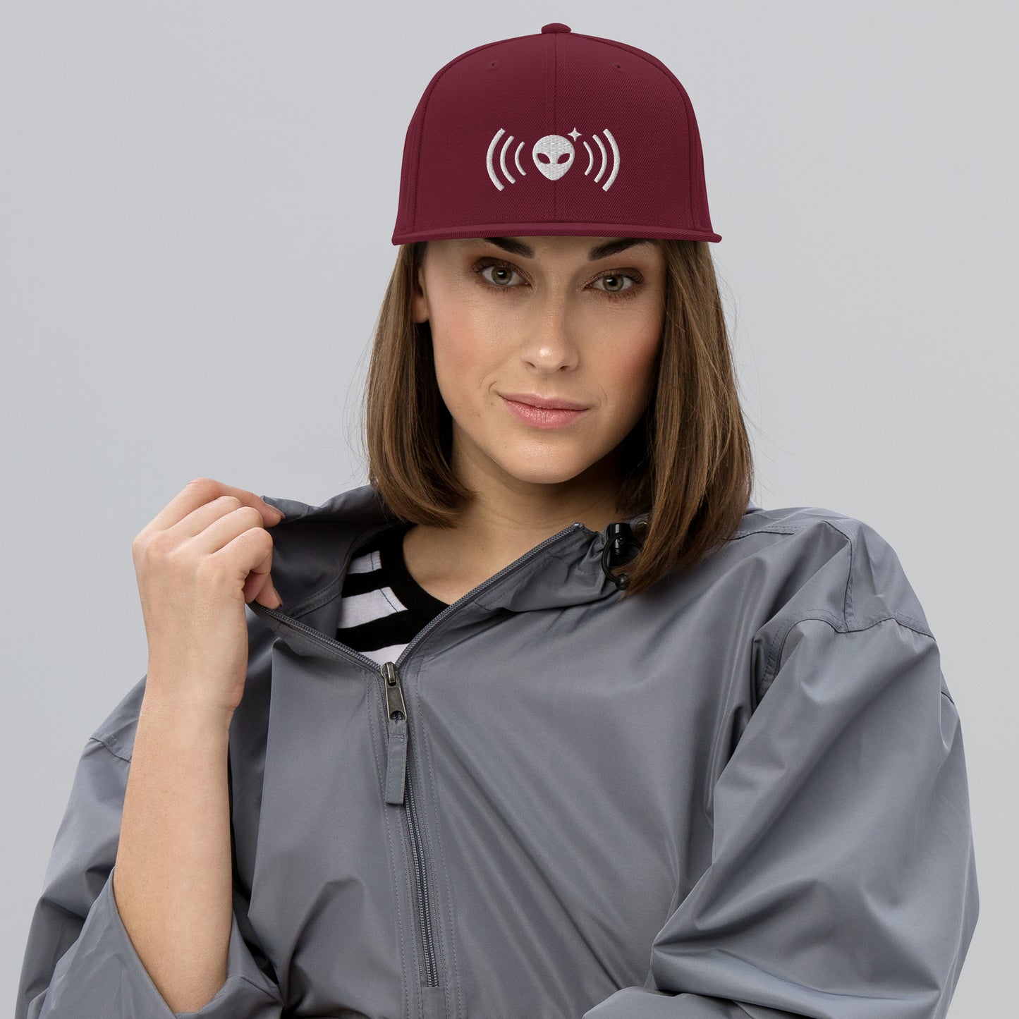 Maroon Snapback Hat with White Alienhead Signal
