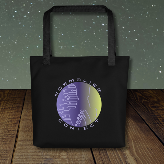 Stellarwear black tote bag with an alien-inspired circular design against a starry background.