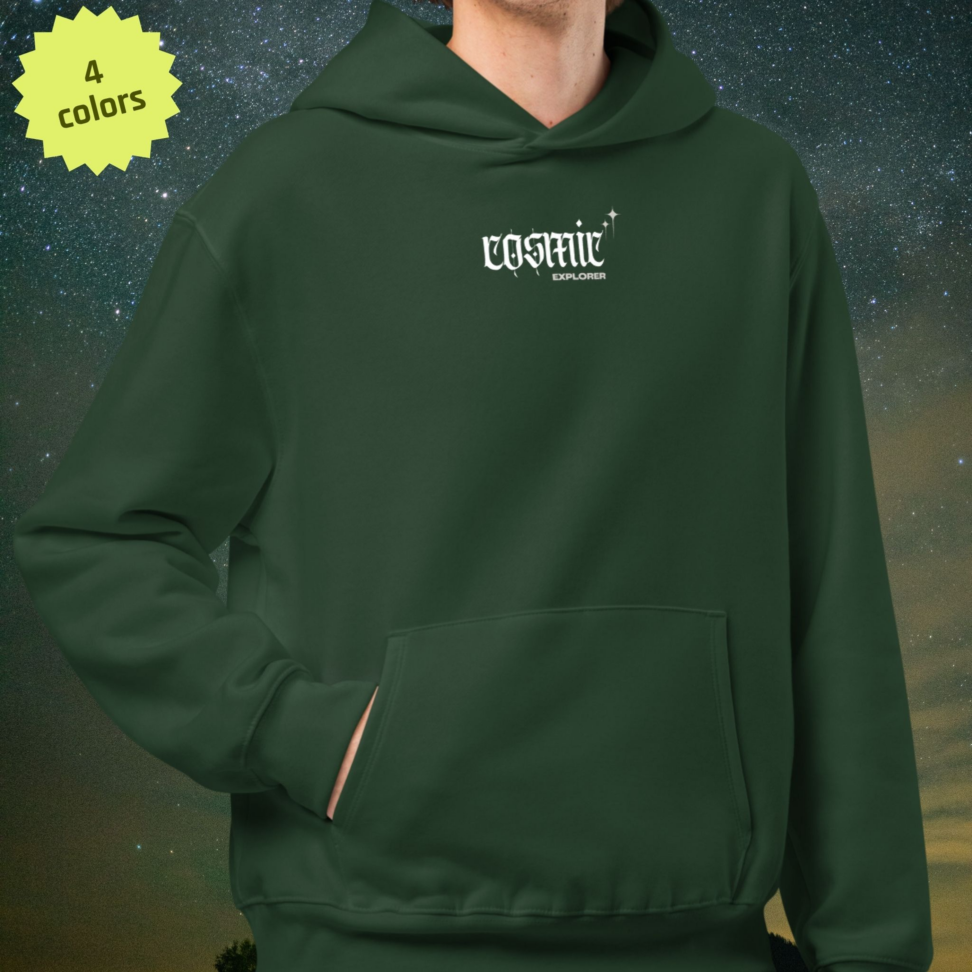 Green Stellarwear hoodie with 'Cosmic Explorer' logo on a gradient background