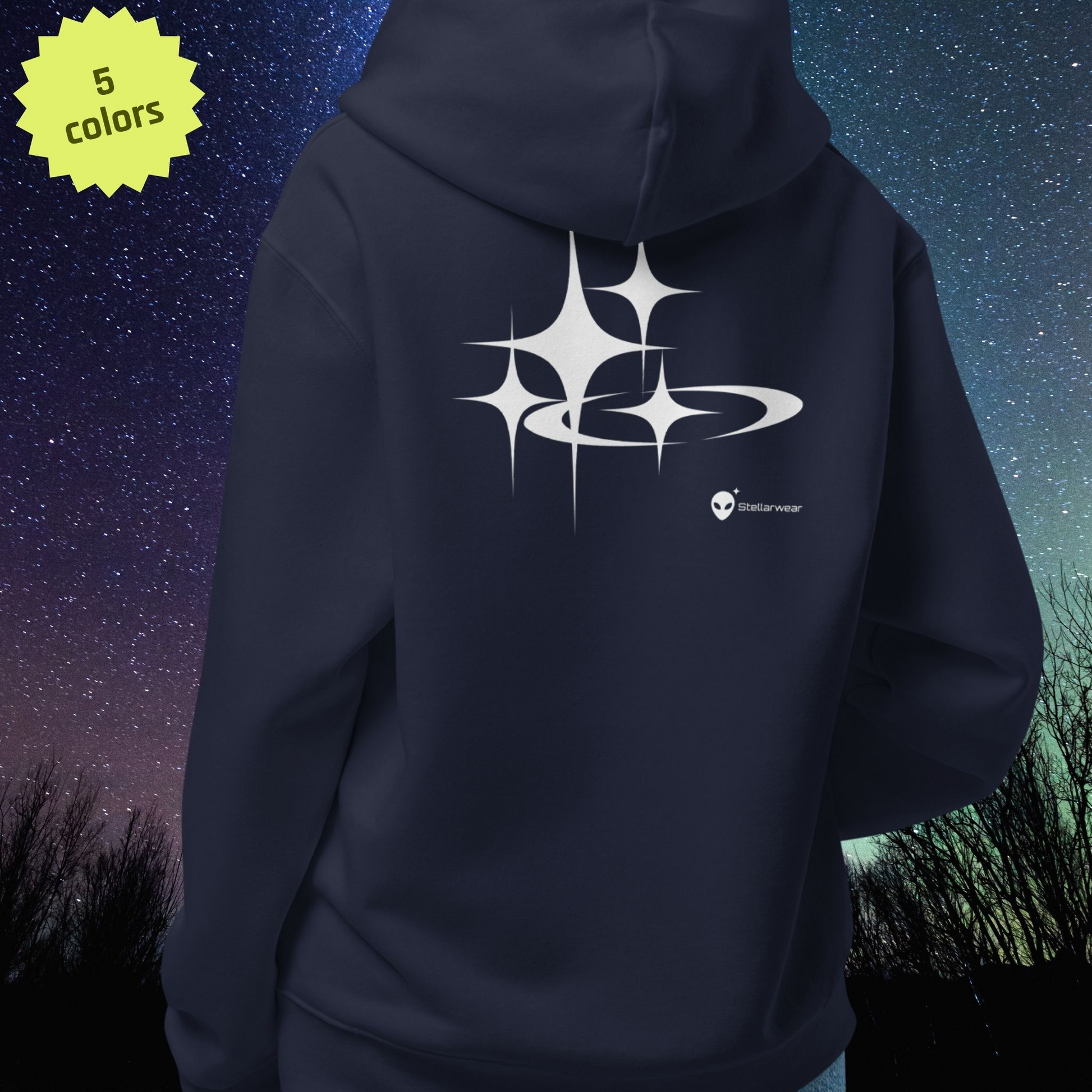 Navy Stellarwear hoodie with a white star logo on the back against a starry night sky.