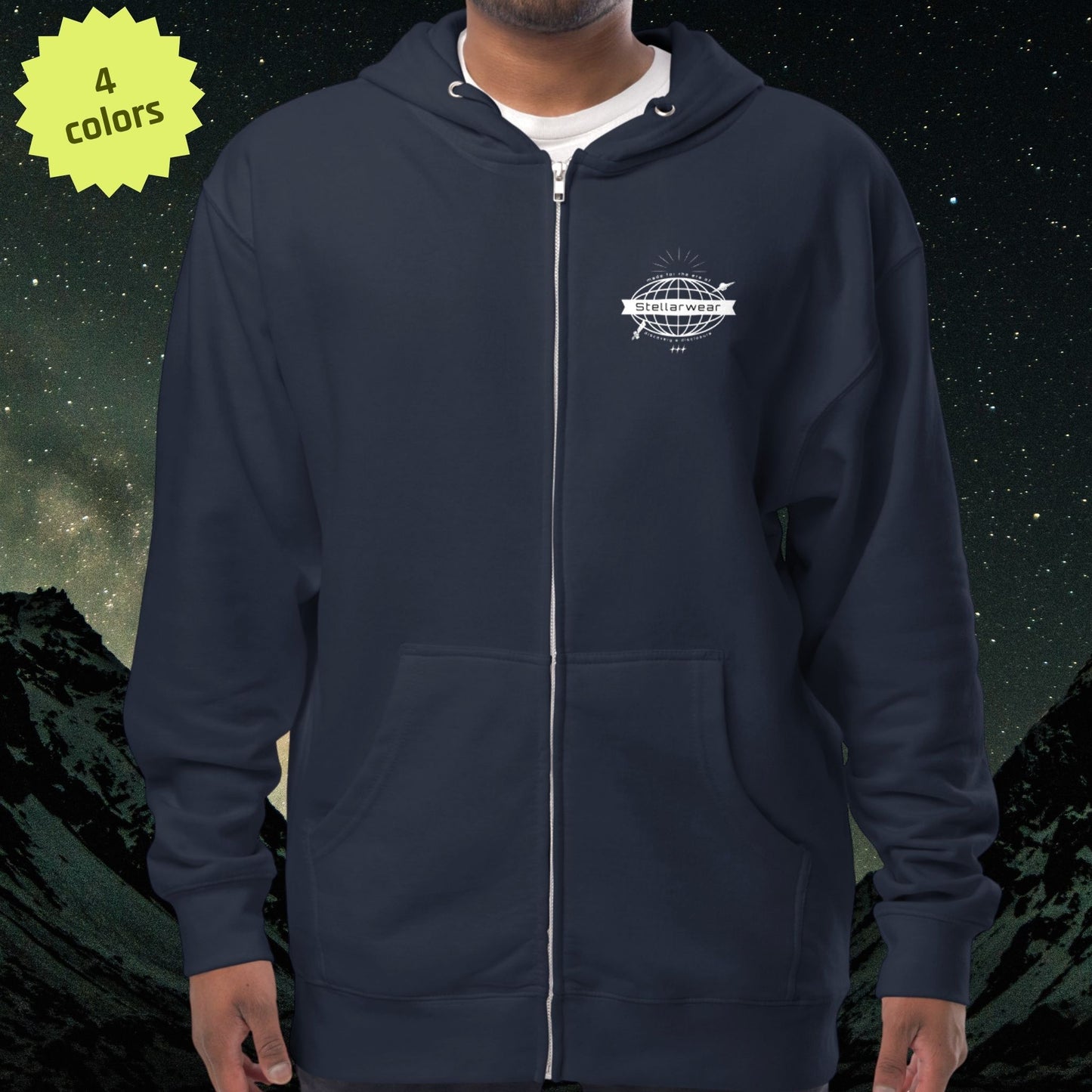 Navy blue hoodie with a white Stellarwear logo on a starry night background