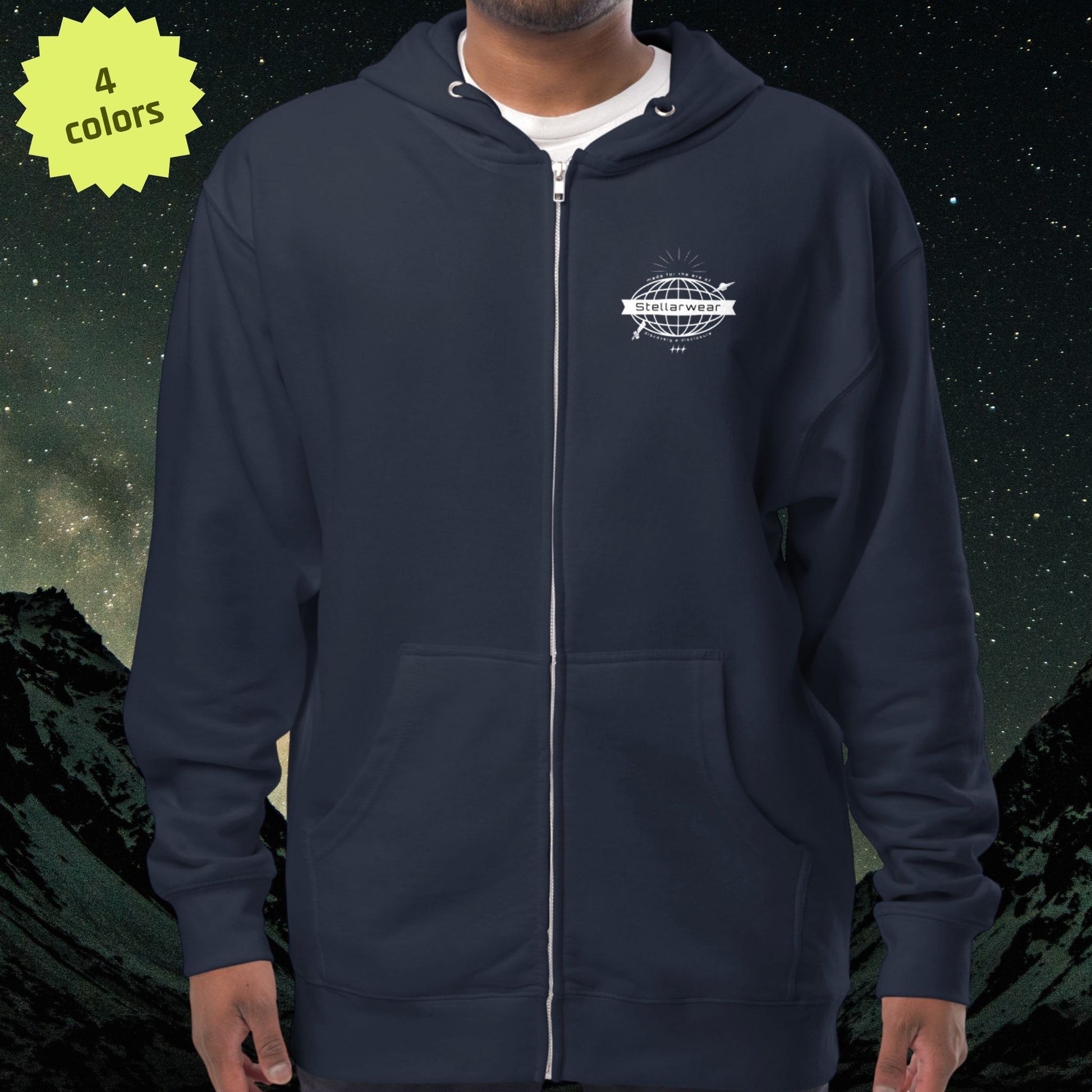 Navy blue hoodie with a white Stellarwear logo on a starry night background