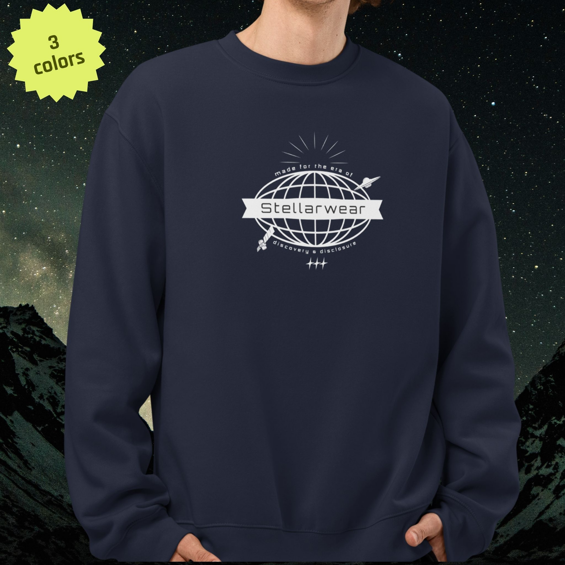 Navy blue sweatshirt with 'Stellarwear' logo against a starry sky and mountain background