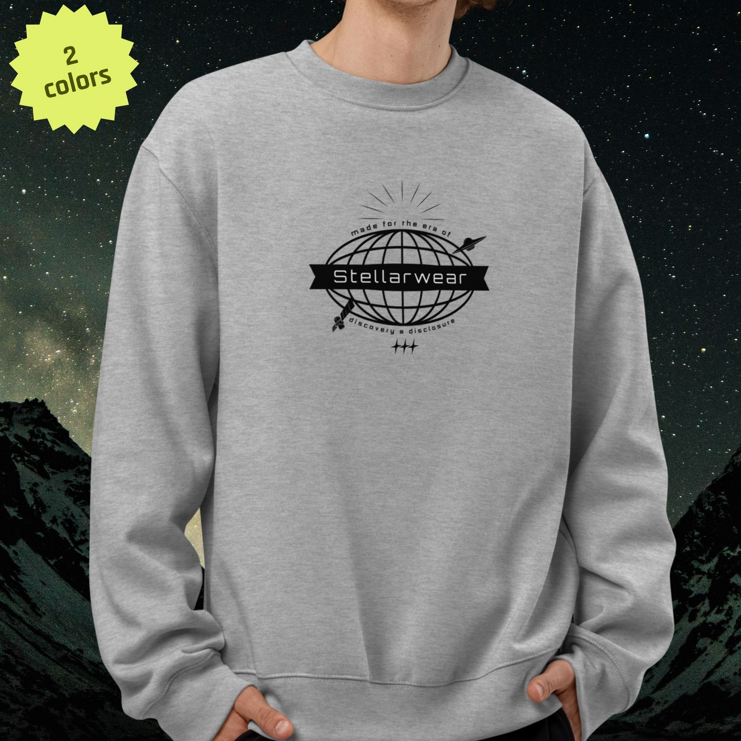 Gray Stellarwear sweatshirt with 'Stellarwear' logo against a starry sky background