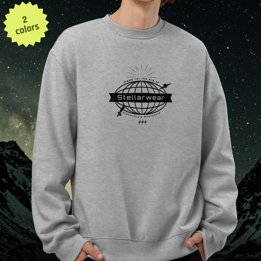 Gray Stellarwear sweatshirt with 'Stellarwear' logo against a starry sky background