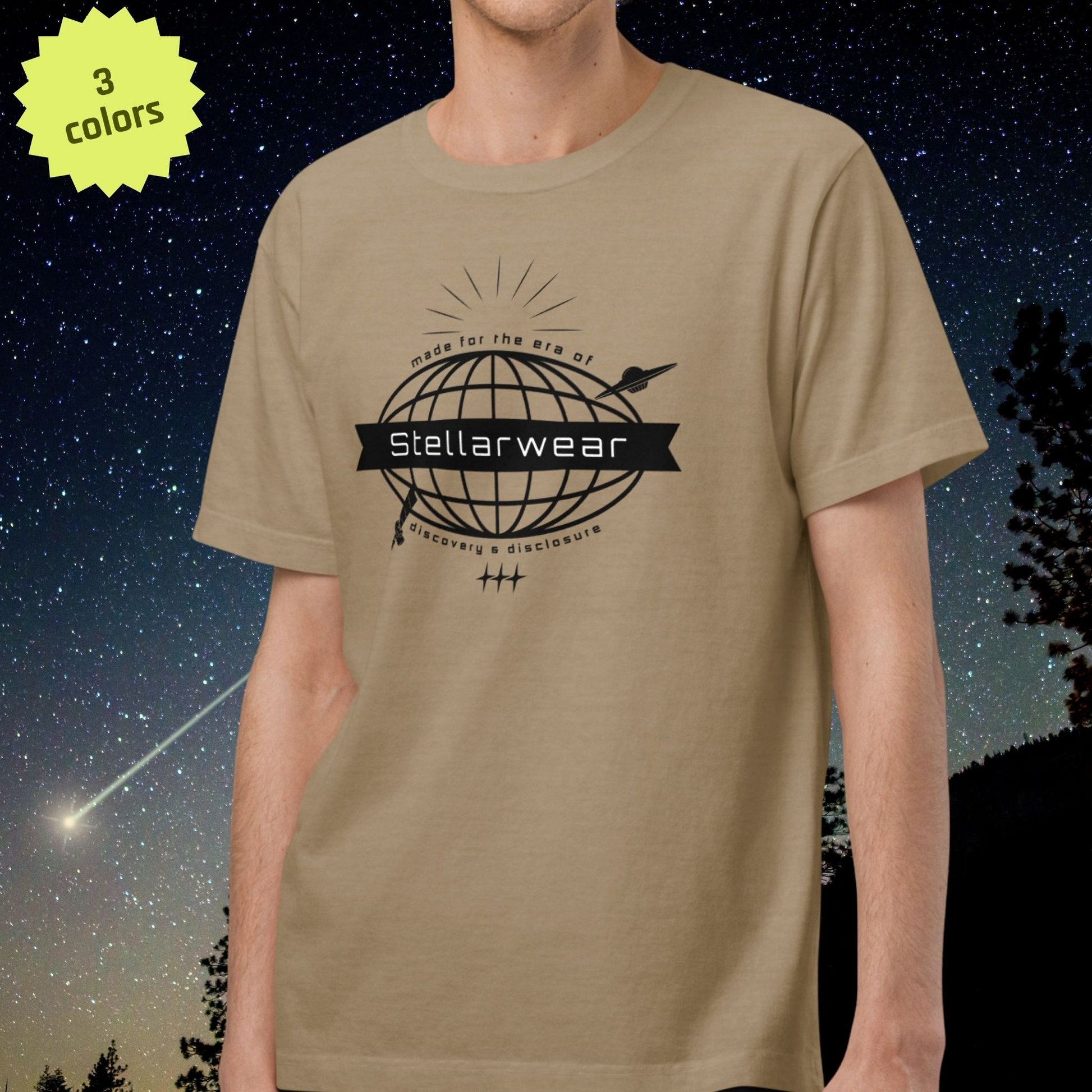 Person wearing a beige t-shirt with 'Stellarwear' logo against a night sky background