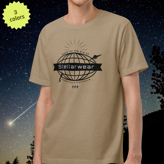 Person wearing a beige t-shirt with 'Stellarwear' logo against a night sky background