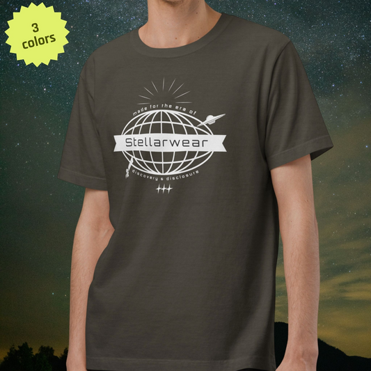 Person wearing a dark gray t-shirt with 'Stellarwear' logo against a starry night sky.