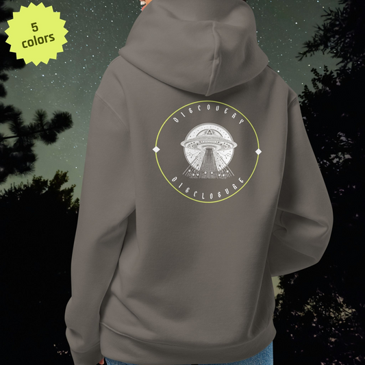 Gray Stellarwear hoodie with UFO design on the back, standing against a dark forest background.