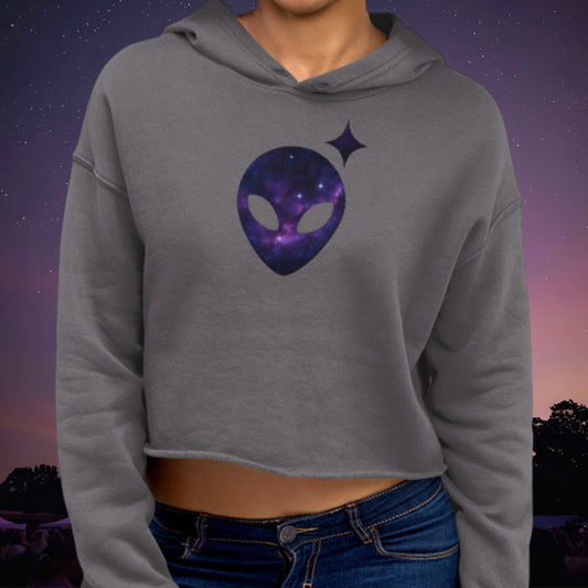 Gray Cropped Hoodie with Galaxy Print Alienhead