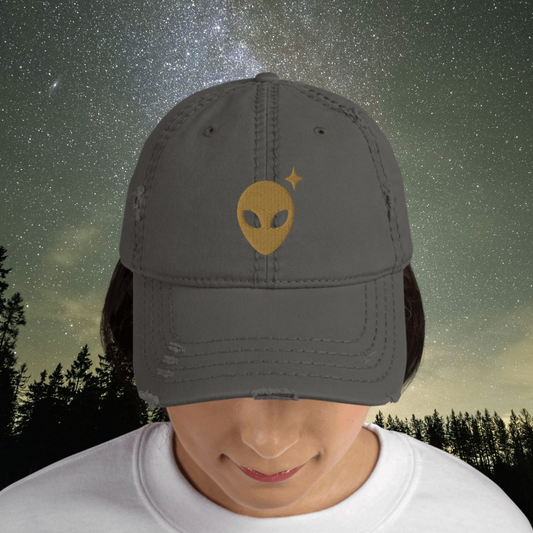 Charcoal Distressed Dad Hat with Bronze Alienhead